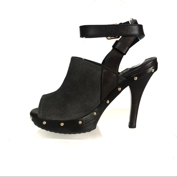 Tory Burch Bilson Clog Suede Leather Studs Ankle Strap Peep Toe Sandal Heels 6 - Picture 7 of 8